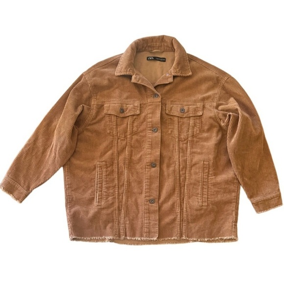 Zara Corduroy Trucker Fray Shirt Shacket Jacket, Camel, Size S - Picture 4 of 9